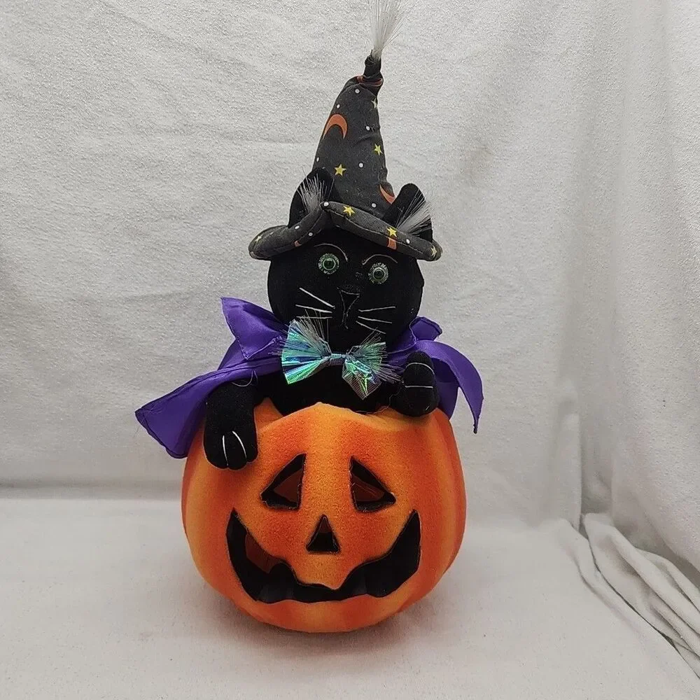 Decoration Fiber Optic Wizard Black Cat in a Pumpkin Lighted 17